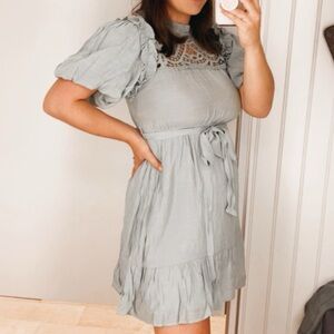 Light Sage Green Ruffled Waist Tie Dress